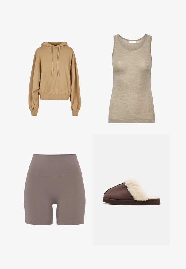 Sudadera beige de gran tamaño con capucha ajustable, mangas anchas y dobladillo acanalado. Tejido suave con una textura lisa y detalles mínimos.; Top sin mangas color beige hecho de un suave tejido texturizado, con un escote redondo y un diseño ligeramente ajustado con detalles de costura mínimos.; Pantalones cortos de cintura alta en un color topo suave, confeccionados en una tela elástica y suave. Presentan un diseño sin costuras y una silueta ajustada.; Zapatilla de ante marrón con un suave puño de piel sintética color crema, suela plana y diseño de espalda abierta. Textura suave y forma redondeada para mayor comodidad.