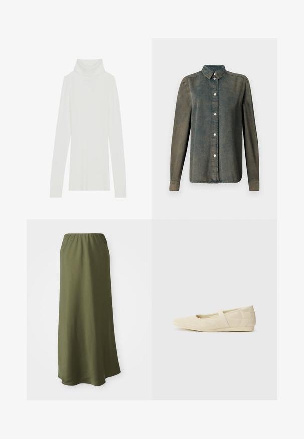 Hvid ribbet turtle neck striktrøje med lange ærmer, blød tekstur og høj rullekrave, der har en tætsiddende design uden synlige lukninger.; Mørkegrøn denimskjorte med knaplukning foran, spidse kraver, lange ærmer og sølvknapper, der har et blødt, tekstureret stof.; Olivenfarvet ankel-lang nederdel lavet af blødt stof med elastisk talje; glat tekstur og et enkelt, svævende design.; Lysebrune ballet flats med en glat læderoverflade, mandelformet tå og elastisk rem over vristen, med diskrete syninger.