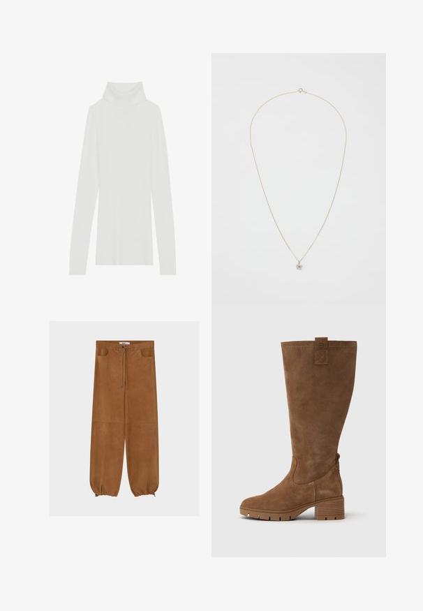 Hvid ribbet turtle neck striktrøje med lange ærmer, blød tekstur og høj rullekrave, der har en tætsiddende design uden synlige lukninger.; Brune ruskindsbukser med elastisk kant, snøre i taljen og to forlommer. Glat tekstur med en afslappet pasform.; Tamaris Høje støvler/ Støvler - brown; Guldkæde med et delikat, tyndt design; prydet med en lille, blomsterformet vedhæng udsmykket med en klar ædelsten.