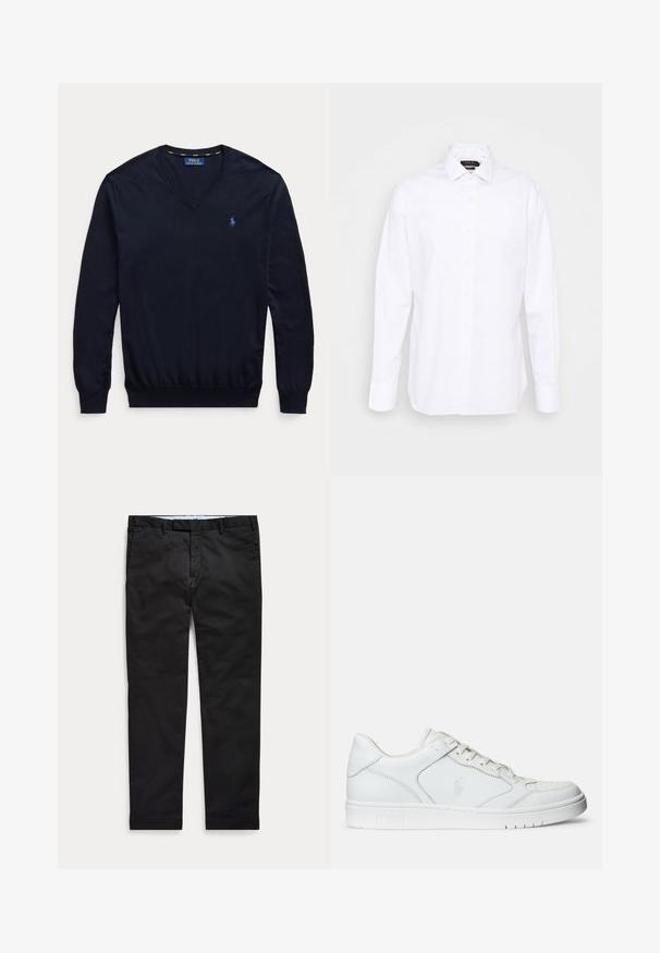 Tmavomodrý sveter s dlhými rukávmi a výstrihom do V s malým svetlomodrým vyšívaným logom Polo Ralph Lauren na ľavej strane hrudníka.; Biela košeľa s dlhými rukávmi, klasickým golierom a predným zapínaním s béžovými gombíkmi. Hladká tkanina s prispôsobeným strihom.; Čierne úzke pánske nohavice s opaskovými očkami a prednými vreckami rozložené na svetlom pozadí.; Biele kožené tenisky s hladkým povrchom, obsahujúce perforovanú špičku, šnúrkové uzatvorenie a vyšívané logo na boku. Biela gumová podrážka.