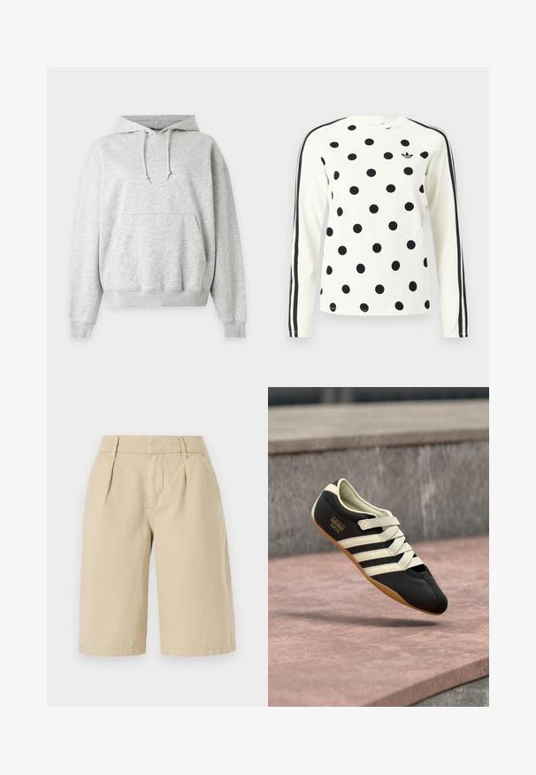 Hellgrauer Kapuzenpullover mit frontaler Kängurutasche, verstellbarem Kordelzug an der Kapuze sowie gerippten Bündchen und Saum.; Weißes Langarmhemd mit schwarzen Punkten, schwarzem Adidas-Logo auf der Brust und zwei schwarzen Streifen, die jeden Ärmel hinunterlaufen.; Beige Baumwollshorts mit lässiger Passform, die vorne Falten und Seitentaschen aufweisen und knapp über dem Knie mit einem sauberen Saum enden.; Schwarzer Sportschuh mit cremefarbenen Streifen und Schnürsenkeln, mit niedrigem Profil, glatter Textur und einer Gummisohle für guten Halt. Markenlabel sichtbar.