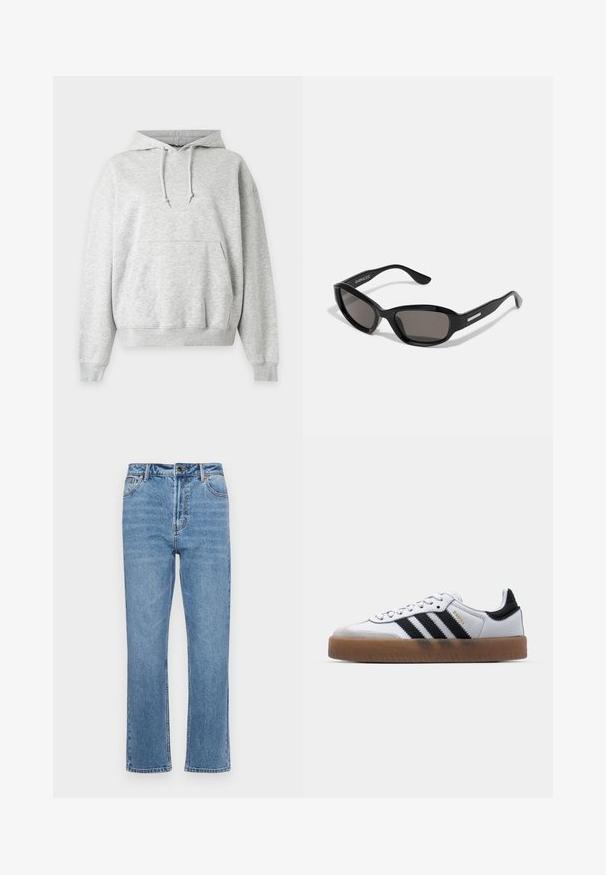 Sweat à capuche gris clair avec poche kangourou, capuche à cordon réglable et poignets et ourlet côtelés.; Jean en denim bleu clair avec une coupe droite, cinq poches, fermeture à bouton à l'avant et décoloration subtile sur le tissu.; Baskets en cuir blanc avec des rayures noires, semelle extérieure en caoutchouc beige, bout rond, fermeture lacée et embout en suède gris doux.; Lunettes de soleil noires avec une monture rectangulaire, des verres sombres, un matériau plastique lisse et un accent métallique sur la branche.