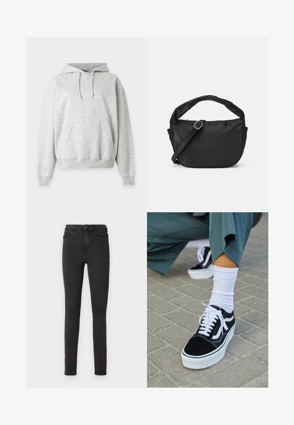 Sweat à capuche gris clair avec poche kangourou, capuche à cordon réglable et poignets et ourlet côtelés.; Jean skinny noir en denim, avec une taille haute, cinq poches et une texture subtile. Lavable en machine avec une braguette à fermeture éclair.; Baskets en suède noir avec des accents et des lacets blancs, présentant une épaisse semelle blanche et des coutures contrastantes, associées à une chaussette blanche.; Sac à épaule en tissu noir avec une poignée torsadée, une sangle amovible et une fermeture zippée en haut. Texture lisse et design minimaliste.