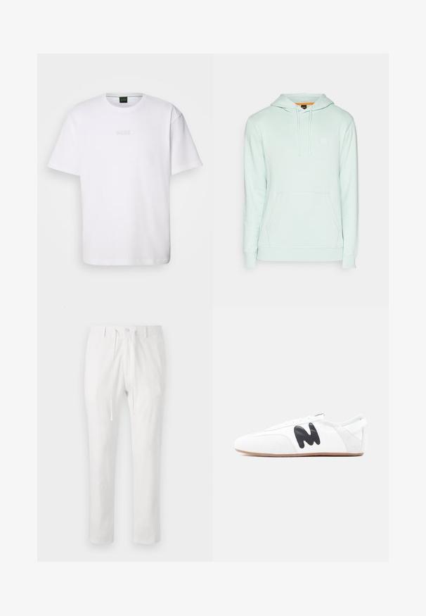 BOSS WETALK - Jersey con capucha - turquoise/aqua; Camiseta de algodón blanca de manga corta, con escote redondo y logotipo grabado de "BOSS" en el pecho. Textura suave, ajuste estándar.; Pantalones de algodón blancos con cintura elástica, cordón y cierre de botón. Diseño de pierna recta, textura suave, sin patrones ni acentos.; Zapatilla blanca de perfil bajo con logo "M" negro en el lateral y suela de color marrón claro, vista desde el lado exterior sobre un fondo liso.