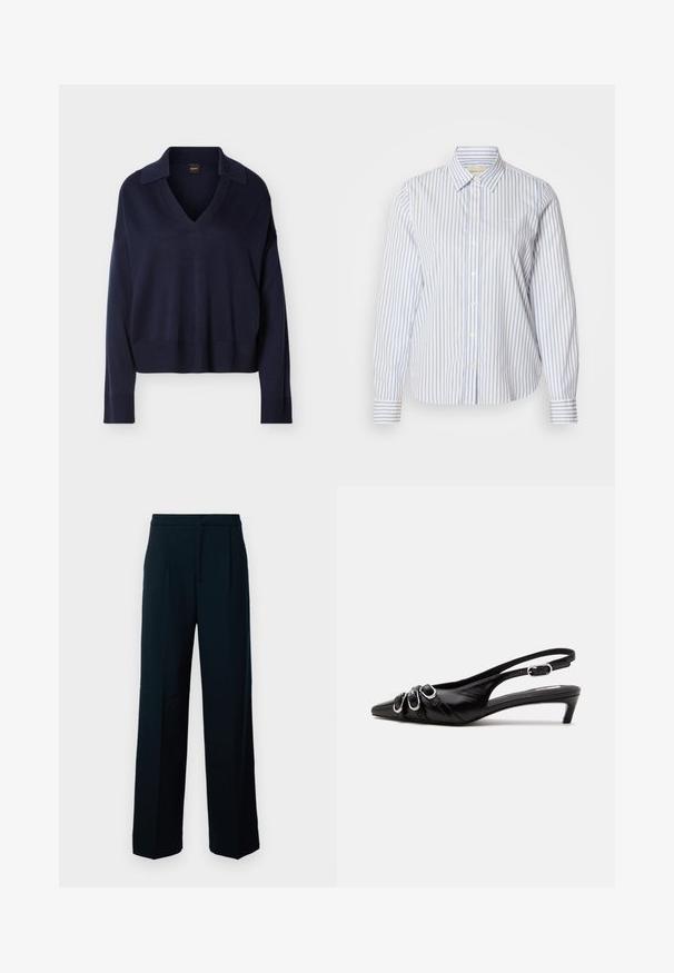 Pull bleu marine à manches longues avec col en V, col, poignets et ourlet côtelés, présenté sur fond blanc uni.; Chemise à rayures bleues et blanches avec col classique, manches longues et ourlet droit. Le tissu a une texture lisse.; Pantalons larges noirs en tissu lisse, avec une taille haute, des plis avant et un design épuré et minimal.; Chaussure slingback en cuir noir avec bout pointu, trois boucles argentées à l'avant et petit talon kitten sur fond blanc.