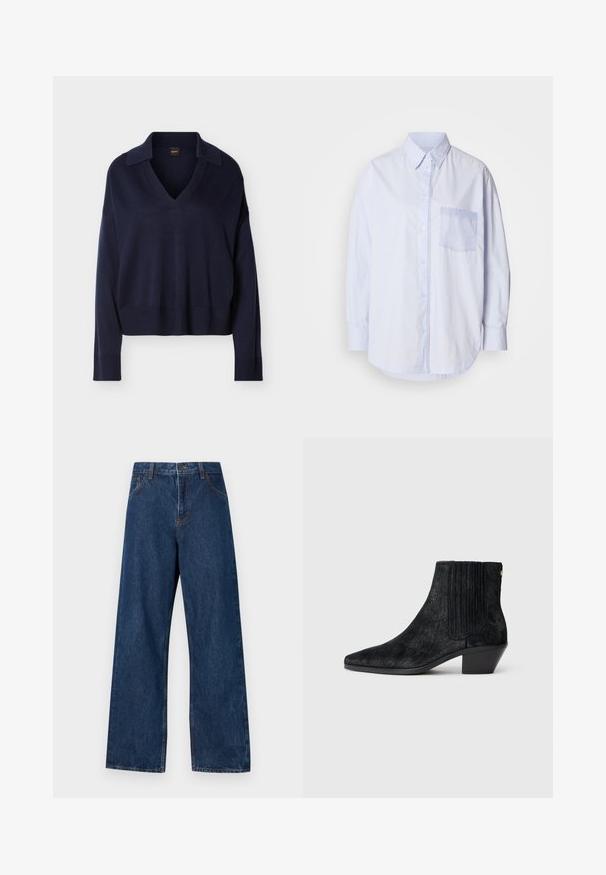 Pull bleu marine à manches longues avec col en V, col, poignets et ourlet côtelés, présenté sur fond blanc uni.; Chemise bleu clair à boutons avec manches longues, col standard et poche poitrine gauche ornée d'un tissu accent plus clair bleu.; Jean large en denim bleu foncé avec un design classique à cinq poches. Présente des coutures contrastées et une fermeture par bouton à l'avant.; Bottine noire à bout pointu, en matériau texturé imitant les cheveux, avec un panneau latéral à nervures et un petit talon carré. Un design simple et moderne.