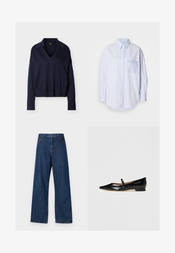 Mørkeblå langærmet V-hals sweater med krave, ribbede manchetter og kant, vist på en ensfarvet hvid baggrund.; Lyseblå skjorte med knapper, lange ærmer, klassisk krave og en venstre brystlomme med en lysere blå detaljeret stof.; Mørkeblå brede jeans lavet af denim med et klassisk fem-lomme design. Har kontrastsyning og en frontlukning med knap.; Sorte patenterede læder Mary Jane flade sko med spids tå, én rem og lav hæl på ensfarvet baggrund.
