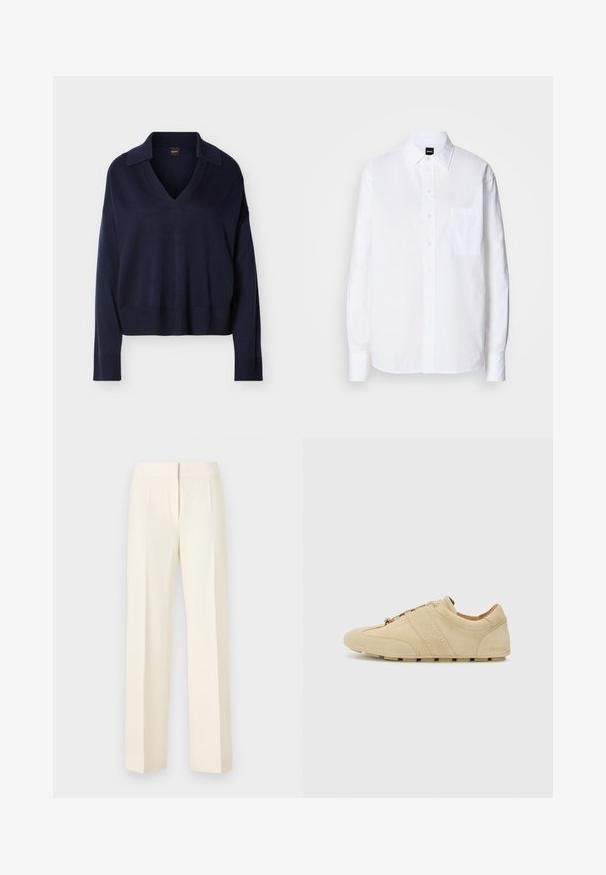 Pull bleu marine à manches longues avec col en V, col, poignets et ourlet côtelés, présenté sur fond blanc uni.; Chemise blanche à boutons, en coton, avec un col classique, des manches longues, une poche poitrine et une texture lisse et structurée.; Pantalon droit sur mesure couleur blanc cassé avec pli avant, ceinture et fermeture avant dissimulée sur un fond uni.; Baskets en suède tan au design minimaliste, bout rond et semelle en caoutchouc. Présente deux bandes verticales et un laçage. Texture lisse.