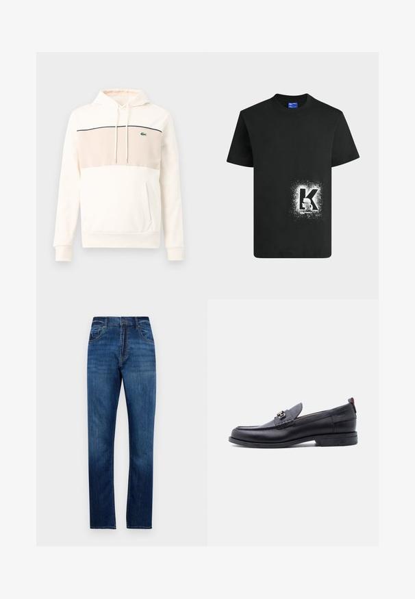 Off-white Kapuzenpullover mit hellbeigem Brustpaneel, schwarzer Zierlinie, grünem Krokodil-Logo, Kordelzügen, langen Ärmeln und aufgesetzter Kängurutasche vorne.; Schwarzes T-Shirt mit kurzen Ärmeln und weißem Sprayfarbeffekt, Grafik des Buchstabens „K“ und Totenkopf-Silhouette auf der unteren Vorderseite.; Blaue gerade geschnittene Denim-Jeans mit fünf Taschen, Gürtelschlaufen und Knopfverschluss, präsentiert vor einem schlichten weißen Hintergrund.; Schwarzer Lederloafer mit grauem, strukturiertem Vorderblatt, silberner Metallschnalle, niedrigem Absatz und Zuglasche hinten.