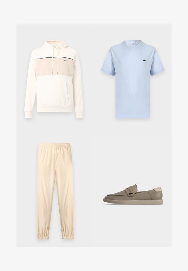 Sweat à capuche blanc cassé avec panneau poitrine beige clair, ligne de bordure noire, logo crocodile vert, cordons de serrage, manches longues, et poche kangourou à l'avant.; T-shirt bleu clair à col en V et manches courtes avec petit logo crocodile vert Lacoste sur le côté gauche de la poitrine.; Pantalon beige clair à taille élastique avec poignets froncés, coupe droite et tissu lisse, présenté sur un fond clair uni.; Mocassin beige en cuir sans lacets avec semelle texturée, deux brides sur le dessus et petit logo crocodile sur le côté.