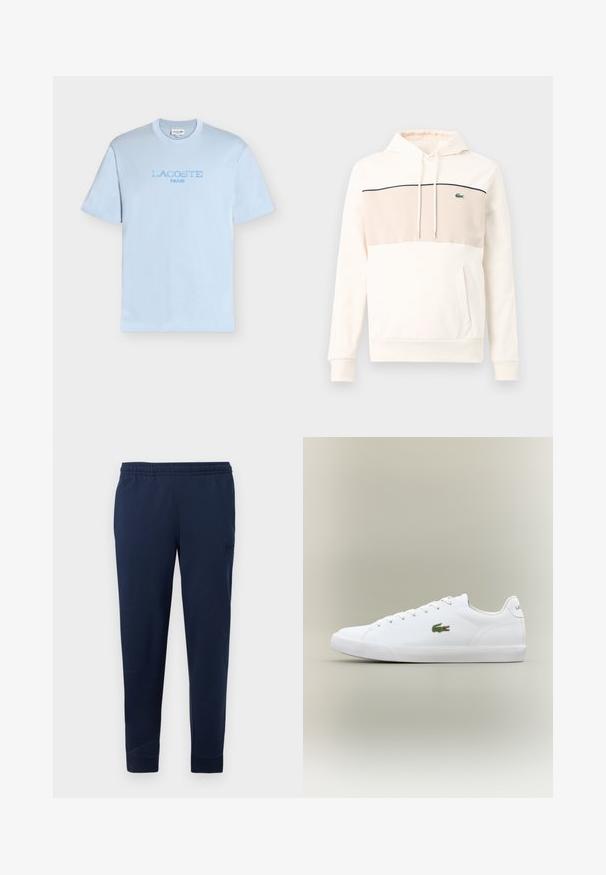 Sweat à capuche blanc cassé avec panneau poitrine beige clair, ligne de bordure noire, logo crocodile vert, cordons de serrage, manches longues, et poche kangourou à l'avant.; T-shirt bleu clair à manches courtes et col rond avec le texte « LACOSTE PARIS » brodé en bleu assorti sur la poitrine.; Pantalon de jogging bleu marine avec taille élastique et poignets aux chevilles, arborant un logo discret en patch sur la cuisse supérieure.; Baskets blanches en cuir avec une semelle en caoutchouc texturé, arborant un logo crocodile brodé vert sur le côté et un branding minimal.