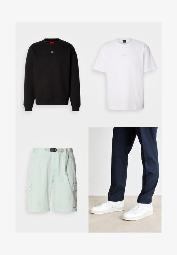 Sweat-shirt noir en tissu doux avec un col ras du cou, des poignets côtelés et un petit logo carré sur la poitrine. Il présente un col intérieur rouge.; T-shirt en coton blanc à manches courtes, col rond, avec un logo « BOSS » en relief sur la poitrine. Texture lisse, coupe standard.; Shorts cargo verts clairs en tissu léger, dotés d'une ceinture, de poches latérales et d'une coupe décontractée.; Baskets blanches avec des détails perforés sur le bout et sur le côté, associées à un pantalon marine, sur un fond de sol neutre.