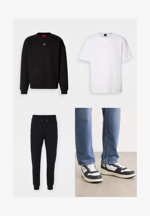 Sweat-shirt noir en tissu doux avec un col ras du cou, des poignets côtelés et un petit logo carré sur la poitrine. Il présente un col intérieur rouge.; T-shirt en coton blanc à manches courtes, col rond, avec un logo « BOSS » en relief sur la poitrine. Texture lisse, coupe standard.; Pantalons de survêtement noirs en tissu doux, dotés d'une taille élastique avec cordon de serrage, de poches latérales et de finitions ajustées aux chevilles.; Baskets basse noir et blanc avec une tige texturée, un bout perforé, des lacets blancs et une semelle couleur crème.