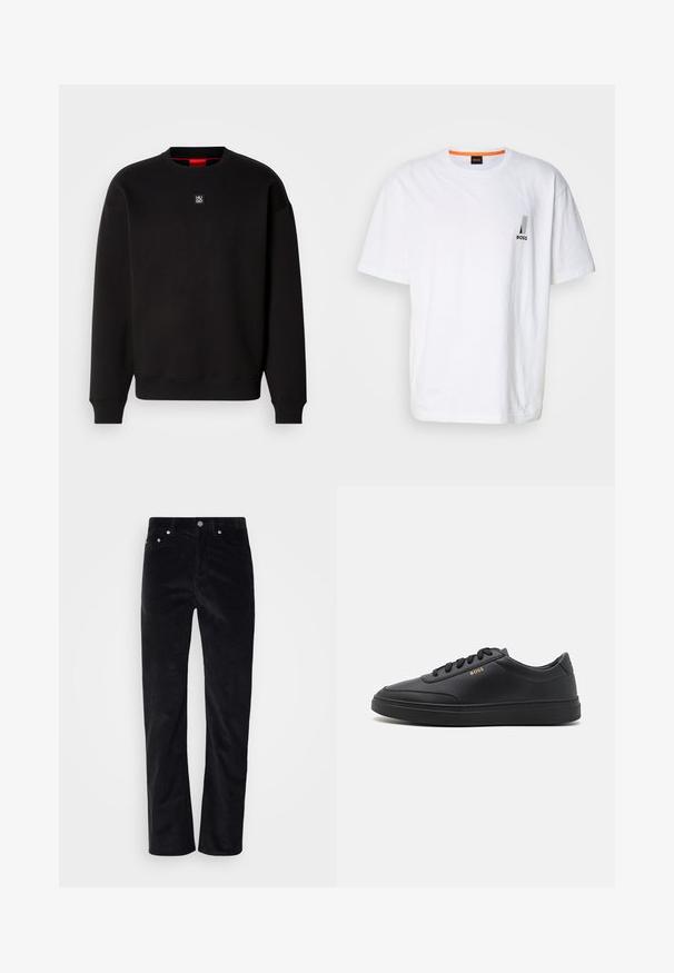 Sweat-shirt noir en tissu doux avec un col ras du cou, des poignets côtelés et un petit logo carré sur la poitrine. Il présente un col intérieur rouge.; T-shirt en coton blanc à manches courtes, avec un petit logo noir et un accent orange contrastant au niveau de l'encolure.; Pantalons en velours côtelé noir avec une coupe droite. Présentent une fermeture à bouton et un style à cinq poches. Tissu texturé à côtes.; Baskets en cuir noir avec une texture lisse, bout rond, semelle en caoutchouc plate et lacets ton sur ton. Présente une marque "BOSS" dorée sur le côté.