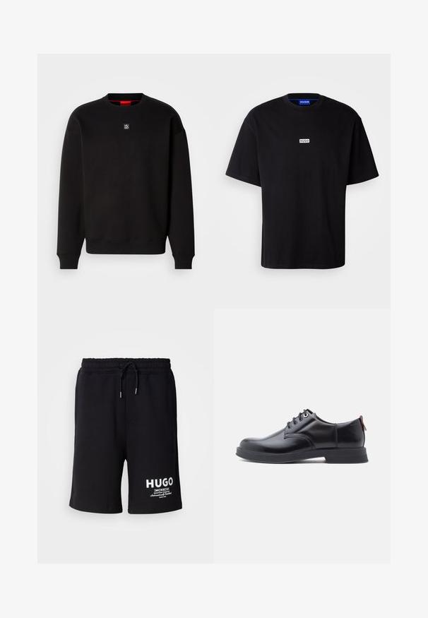 Zwarte sweatshirt gemaakt van zachte stof met een ronde hals, geribde manchetten en een klein vierkant logo op de borst. Kenmerkt zich door een rode binnenkraag.; Zwarte katoenen t-shirt met een ronde hals, korte mouwen en een witte rechthoekige "HUGO" logo op de borst. Gladde textuur, relaxte pasvorm.; Zwarte katoenen shorts met een elastische tailleband en koord. Witte "HUGO" logo op het linkerpijp. Eenvoudig ontwerp, knielange snit.; Zwarte leren veter schoenen met een gladde textuur, ronde neus en subtiel stiksel detail. Voorzien van een rode trekband op de hiel.