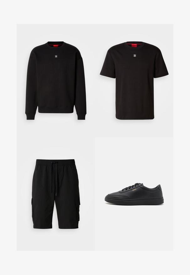 Sort sweatshirt lavet af blødt stof med rund halsudskæring, ribbede manchetter og et lille firkantet logo på brystet. Har en rød indre krave.; HUGO DALILE - T-shirts basic - black; Sorte cargo shorts lavet af letvægtsstof, med elastisk talje, snor og sidelommer til ekstra opbevaring.; Sorte lædersneakers med en glat overflade, rund tå, flad gummisål og tonede snørebånd. Udstyret med guld "BOSS" branding på siden.