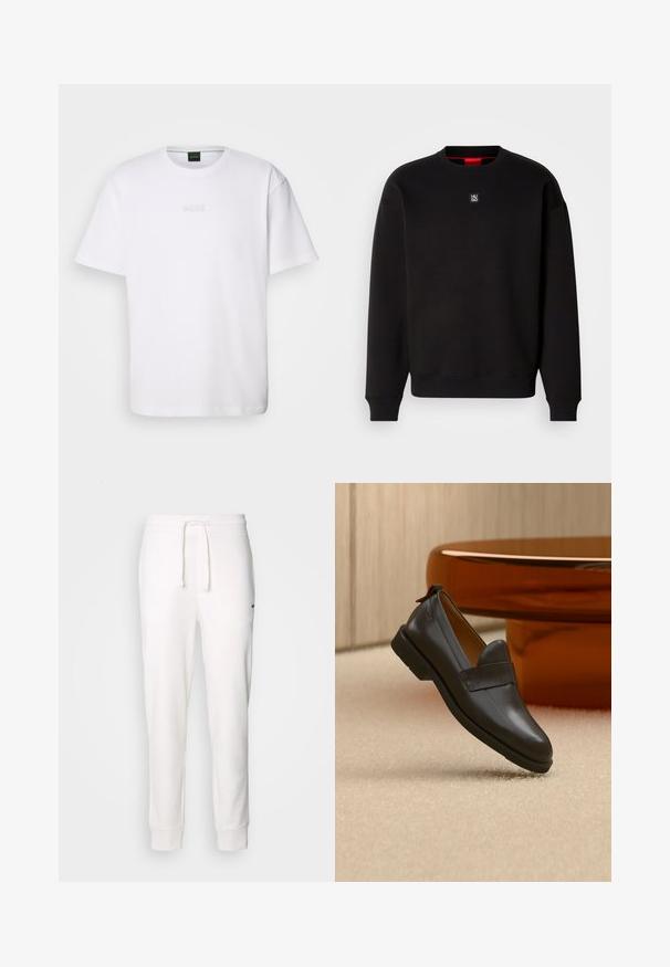 Sudadera negra de tejido suave con cuello redondo, puños acanalados y un pequeño logotipo cuadrado en el pecho. Presenta un interior del cuello en rojo.; Camiseta de algodón blanca de manga corta, con escote redondo y logotipo grabado de "BOSS" en el pecho. Textura suave, ajuste estándar.; Pantalones de chándal blancos de algodón con cintura elástica, cordón ajustable y puños acanalados. Presentan un pequeño logo negro en el lateral.; Mocasín de cuero negro con tacón bajo flotando sobre una alfombra beige, junto a una mesa brillante de color ámbar en una habitación minimalista.