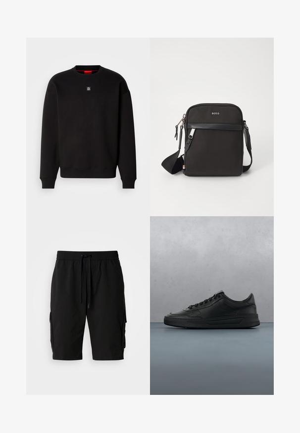 Zwarte sweatshirt gemaakt van zachte stof met een ronde hals, geribde manchetten en een klein vierkant logo op de borst. Kenmerkt zich door een rode binnenkraag.; Zwarte cargoshorts gemaakt van lichtgewicht stof, met een elastische tailleband, een trekkoord en zijvakken voor extra opbergruimte.; Zwarte sneaker met een glad leren bovenwerk, ronde neus, platte veters, gewatteerde kraag en minimalistisch design. Rubberen zool met een subtiel profiel.; Zwarte schoudertas van textuurstof, met logo aan de voorkant, ritssluiting en verstelbare schouderband. Voorzien van een gladde leren rand.