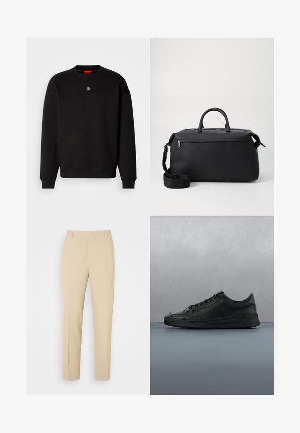 Schwarzer Sweatshirt aus weichem Stoff mit Rundhalsausschnitt, gerippten Bündchen und einem kleinen quadratischen Logo auf der Brust. Hat einen roten Innenkragen.; Beige maßgeschneiderte Hosen mit geradem Bein, aus leichtem Stoff, mit zwei vorderen Taschen und ordentlich gebügelten Falten.; Schwarze Sneaker mit glattem Lederobermaterial, runder Zehenpartie, flachen Schnürsenkeln, gepolstertem Kragen und minimalistischem Design. Gummisohle mit subtiler Profilierung.; Schwarze Leder-Reisetasche mit zwei Oberhandgriffen, einem abnehmbaren Schultergurt und einer Reißverschlusstasche auf der Vorderseite für zusätzlichen Stauraum.