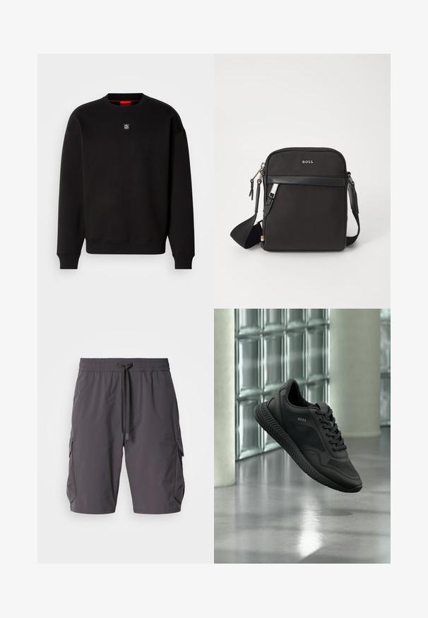 Schwarzer Sweatshirt aus weichem Stoff mit Rundhalsausschnitt, gerippten Bündchen und einem kleinen quadratischen Logo auf der Brust. Hat einen roten Innenkragen.; Graue Cargo-Shorts aus leichtem Stoff, mit einem Kordelzugbund, Seitentaschen und einem leicht lockeren Schnitt.; Schwarzer BOSS-Sneaker mit Mesh- und Lederdetails, schwebend über einem polierten Boden vor Glassteinwänden.; Schwarze Umhängetasche aus strukturiertem Stoff, mit Logo auf der Vorderseite, Reißverschluss und verstellbarem Tragegurt. Verfügt über eine glatte Lederbesatz.