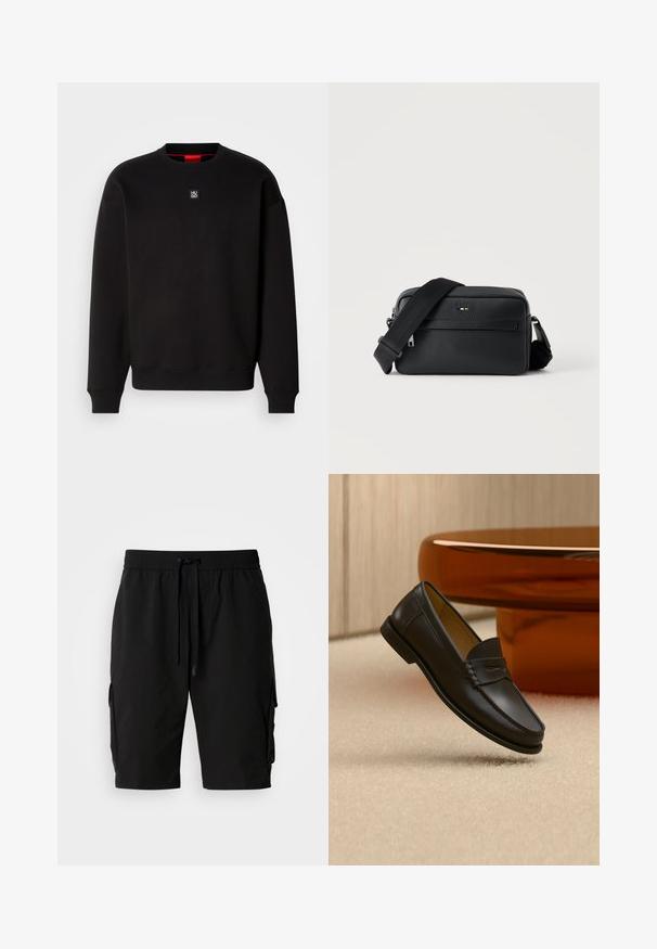 Zwarte sweatshirt gemaakt van zachte stof met een ronde hals, geribde manchetten en een klein vierkant logo op de borst. Kenmerkt zich door een rode binnenkraag.; Zwarte cargoshorts gemaakt van lichtgewicht stof, met een elastische tailleband, een trekkoord en zijvakken voor extra opbergruimte.; Zwarte leren loaferschoen zwevend boven een beige tapijt met amberkleurige moderne meubels op de achtergrond.; Zwarte gestructureerde leren crossbodytas met voorvak met ritssluiting en verstelbare brede stoffen schouderband op een witte achtergrond.