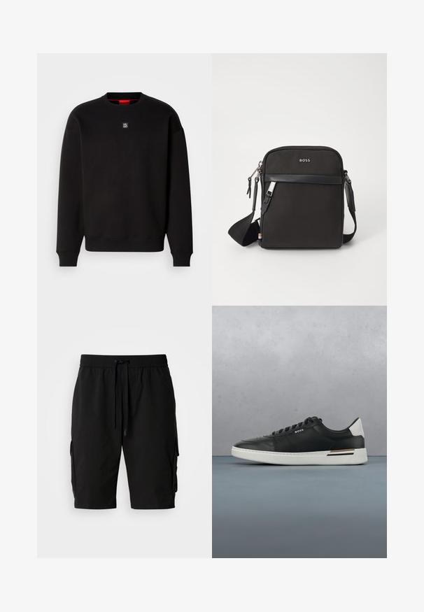 Sudadera negra de tejido suave con cuello redondo, puños acanalados y un pequeño logotipo cuadrado en el pecho. Presenta un interior del cuello en rojo.; Pantalones cortos cargo negros hechos de tejido ligero, con una cinturilla elástica, cordón y bolsillos laterales cargo para almacenamiento adicional.; Zapatilla de cuero negra con suela blanca, cuenta con perforaciones, diseño de cordones, logo en el costado y detalle del talón en blanco y marrón.; Bolso bandolero negro con un tejido texturizado, logo en la parte frontal, cierre de cremallera y correa ajustable. Presenta un ribete de cuero suave.