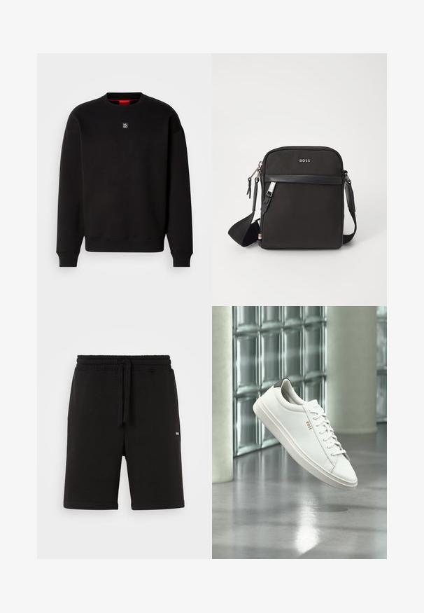 Sweat-shirt noir en tissu doux avec un col ras du cou, des poignets côtelés et un petit logo carré sur la poitrine. Il présente un col intérieur rouge.; Shorts en coton noir avec une taille élastique et un cordon de serrage. Dotés de poches latérales et d'un petit logo à l'avant. Texture lisse.; Baskets basses en cuir blanc avec lacets, languette de talon noire et logo « BOSS », flottant à l'intérieur près d'un mur en blocs de verre et d'un sol poli.; Sac bandoulière noir en tissu texturé, avec un logo sur le devant, fermeture éclair et une bandoulière réglable. Finitions en cuir lisse.