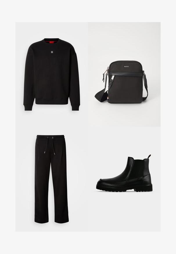 Sudadera negra de tejido suave con cuello redondo, puños acanalados y un pequeño logotipo cuadrado en el pecho. Presenta un interior del cuello en rojo.; Pantalones de chándal negros, de corte holgado, confeccionados en tejido suave, con cinturilla elástica y cordón de ajuste, y bolsillos laterales.; Bota negra de cuero hasta el tobillo con suela texturizada, paneles laterales elásticos y pestaña de tirador sobre fondo gris claro.; Bolso bandolero negro con un tejido texturizado, logo en la parte frontal, cierre de cremallera y correa ajustable. Presenta un ribete de cuero suave.