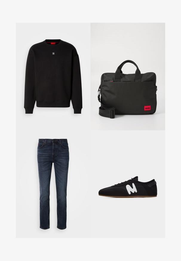 Sort sweatshirt lavet af blødt stof med rund halsudskæring, ribbede manchetter og et lille firkantet logo på brystet. Har en rød indre krave.; Mørkeblå denim jeans med lige ben-design, der har fem lommer, en knap- og lynlåslukning samt diskrete syninger.; Sort lav sneakers med tynd brun sål og hvidt styliseret "M"-logo på siden, set fra venstre.; Sort nylon laptoptaske med dobbelte topgreb, justerbar skulderrem, rød logoaccent og tekstureret frontpanel samt lynlåslukket hovedrum.