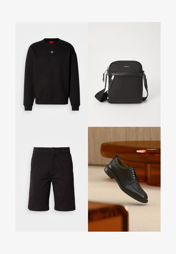 Schwarzer Sweatshirt aus weichem Stoff mit Rundhalsausschnitt, gerippten Bündchen und einem kleinen quadratischen Logo auf der Brust. Hat einen roten Innenkragen.; Schwarze Shorts aus einem leichten Stoff, mit Knopfleiste, Gürtelschlaufen, Seitentaschen und geradem Schnitt mit umgeschlagenen Säumen.; Schwarzer Leder-Schnürschuh mit texturierter Vorderseite, schwebend über beigem Teppich in einem modernen Raum mit bernsteinfarbenen Möbeln.; Schwarze Umhängetasche aus strukturiertem Stoff, mit Logo auf der Vorderseite, Reißverschluss und verstellbarem Tragegurt. Verfügt über eine glatte Lederbesatz.