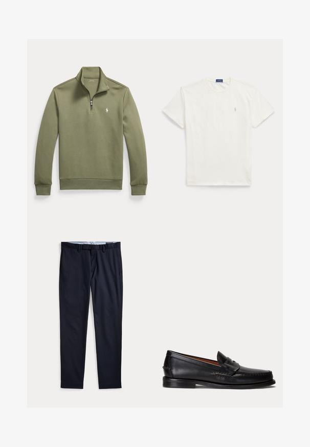 Olijfgroene trui met lange mouwen, een kwart ritssluiting, opstaande kraag en klein wit Polo Ralph Lauren-logo op de borst.; Witte T-shirt met korte mouwen en ronde hals met een klein lichtbeige Polo Ralph Lauren-logo op de linkerborst.; Donkerblauwe herenkleedbroek met ceintuurlussen, ritssluiting en zijzakken, plat gelegd op een witte achtergrond.; Zwarte leren loafer met lage hak en penny-strap detail, van opzij getoond op een lichtgrijze achtergrond.