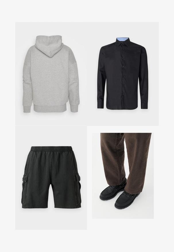 Hoodie gris avec une capuche ajustée, des manches larges et un ourlet côtelé. Tissu doux et texturé sans motifs visibles ni détails en métal.; Chemise noire à manches longues en tissu lisse, avec un front boutonné, un col pointu et un col intérieur à carreaux bleu clair.; Shorts cargo noirs avec une taille élastique, deux poches latérales et deux poches cargo sur les côtés. Fabriqués dans un tissu doux et léger.; Chaussures en cuir noir avec une finition lisse, bout arrondi et design à lacets, associées à un pantalon marron texturé. Vue en contre-plongée.