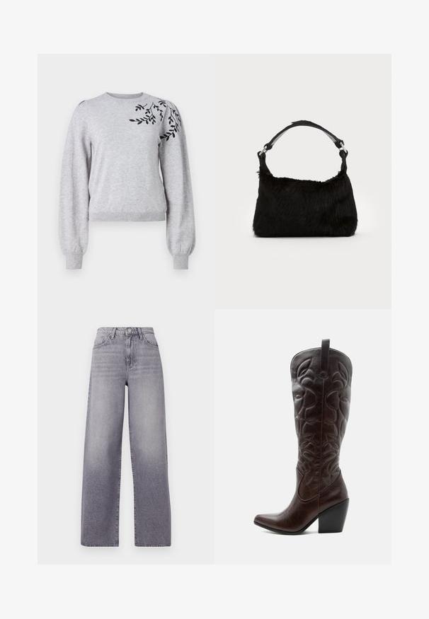 Object OBJTHESS EMBROIDERY PULLOVER - Strickpullover - light grey melange; Hochgeschnittene, weit geschnittene Jeans in hellgrauem Denim. Mit klassischem Fünf-Taschen-Design, dezenten Verwaschungen und einem metallischen Knopfverschluss.; Hoher dunkelbrauner Leder-Cowboystiefel mit gestickten dekorativen Mustern, spitzer Spitze und gestapeltem Blockabsatz.; Schwarze Kunstfell-Handtasche mit weicher Textur, runder Form und einem stabilen schwarzen Leder-Schulterriemen. Sichtbare silberne Hardware-Akzente.