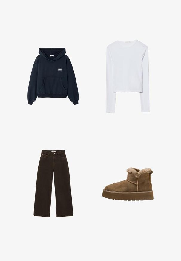 Dunkelblauer Hoodie aus Baumwollmischung, mit einer vorderen Kängurutasche, gerippten Bündchen und einem kleinen weißen Logo auf der Brust.; Weißes Langarm-Crop-Top aus weicher Baumwolle, mit rundem Halsausschnitt und tailliertem Schnitt, der minimalistische Nähte und keine Verzierungen aufweist.; Dunkelbraune, weit geschnittene Jeans aus Denim mit Knopf- und Reißverschluss vorn, vorderen Taschen mit Nieten und Gürtel-Schlaufen, flach auf weißem Hintergrund ausgelegt.; Braune Wildleder-Ankle-Boots mit Kunstfellfutter, runder Spitze und dickem Plateausole; verfügen über eine gestickte Naht und eine Schlaufe an der Rückseite.