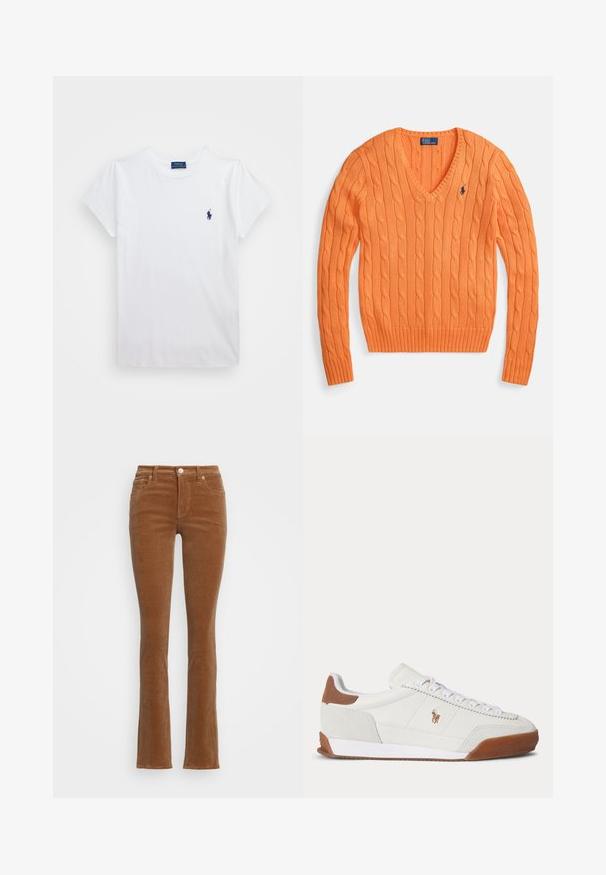 Pull orange à col en V en maille torsadée avec ourlet et poignets côtelés. Présente un petit logo sur le côté gauche de la poitrine. Fabriqué en matériau tricoté doux.; T-shirt en coton blanc à manches courtes, avec un petit logo bleu marine sur la poitrine gauche. Design sobre avec un col rond.; Jean en velours côtelé marron évasé à taille haute, avec un design à cinq poches et une fermeture à bouton à l'avant. Texture douce avec des nervures verticales.; Baskets basses blanches avec des accents en daim marron au talon et à l’orteil, des lacets blancs et un petit logo brodé marron sur le côté.