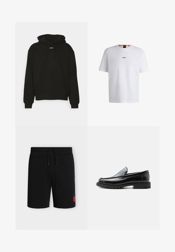 Schwarzer Hoodie aus weichem Material, mit Kapuze und gekürztem Design. "HUGO" Logo in Weiß auf der Vorderseite. Schlichter, minimalistischer Stil.; Weißes Baumwoll-T-Shirt mit kurzen Ärmeln, ausgestattet mit einem schwarzen "BOSS"-Logo, das mittig auf der Brust platziert ist, und einem runden Halsausschnitt.; Schwarze knielange Shorts mit elastischem Bund und Kordelzug, mit einem kleinen roten rechteckigen Logo-Patch am unteren linken Bein.; Schwarzer Lederloafer mit grober Gummisohle, genähter Oberseite und geprägtem Markennamen an der Ferse, seitlich auf weißem Hintergrund gezeigt.