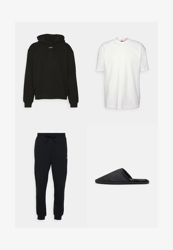 Schwarzer Hoodie aus weichem Material, mit Kapuze und gekürztem Design. "HUGO" Logo in Weiß auf der Vorderseite. Schlichter, minimalistischer Stil.; BOSS TEETIMM - T-Shirt basic - white; Schwarze Sweatpants aus Baumwollmischung, mit einem elastischen Bund und verstellbarem Kordelzug, gerippten Bündchen und einem kleinen Logo-Detail.; BOSS HOME SLIP - Hausschuh - black