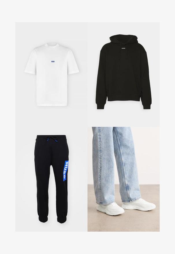 Zwarte hoodie van zacht materiaal, met een verstelbare capuchon en een cropped ontwerp. "HUGO" logo in het wit aan de voorkant. Eenvoudige, minimalistische stijl.; Wit T-shirt met korte mouwen en een ronde hals met een klein blauw rechthoekig "HUGO"-logo gecentreerd op de borst.; Zwarte joggingbroek met elastische boorden en tailleband, met een blauw "HUGO" logo aan de linkerkant. Gemaakt van zachte, gestructureerde stof.; Witte sportieve sneakers met een gladde, gevormde uitstraling en gestructureerde zolen, gecombineerd met lichtblauwe, loszittende spijkerbroeken.