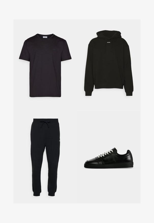 Sort hættetrøje lavet af blødt stof, med snøre i hætten og et cropped design. "HUGO" logo i hvidt på forsiden. Enkel, minimalistisk stil.; Sort kortærmet T-shirt lavet af glat bomuld, med en rund halsudskæring og et diskret logo-tag på brystet. Enkelt og stilrent design.; Sorte sweatpants lavet af bomuldsblanding, med elastisk talje med justerbar snøre, ribbede manchetter og en lille logodetalje.; Sort lavtsiddende lædersneaker med hvide snørebånd, en flad sort sål og diskrete syningsdetaljer, vist i sideprofil på en grå baggrund.