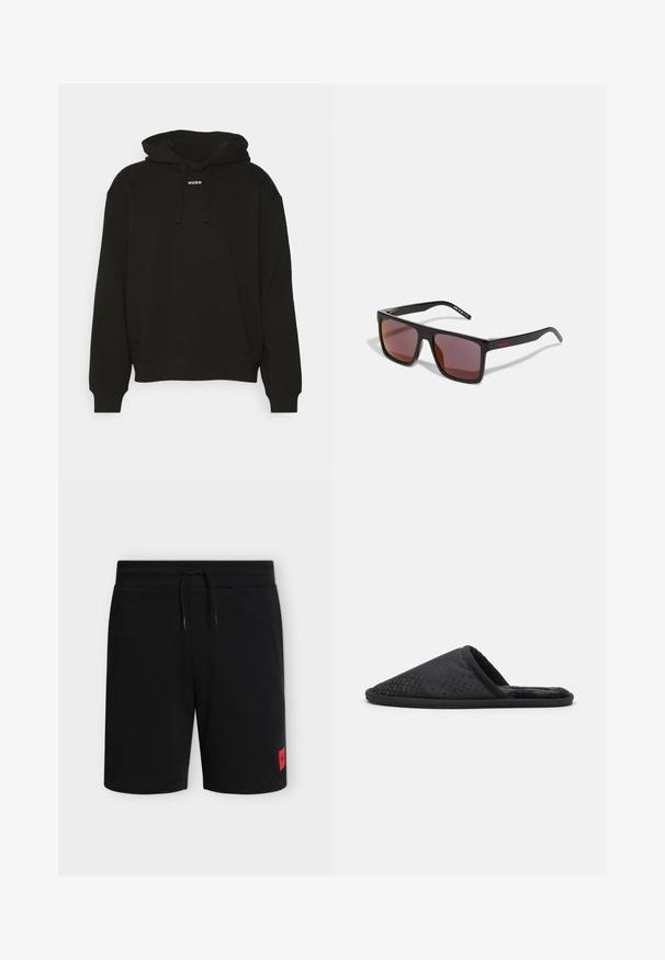 Sudadera negra de tejido suave, con capucha ajustable y un diseño corto. Logotipo "HUGO" en blanco en la parte frontal. Estilo simple y minimalista.; Pantalones cortos negros hasta la rodilla con cintura elástica y cordón, con un pequeño parche de logo rectangular rojo en la parte inferior de la pierna izquierda.; BOSS HOME SLIP - Pantuflas - black; Gafas de sol rectangulares negras con lentes de color rojo oscuro, con un acabado mate y un logo rojo en la patilla. Montura de plástico resistente.