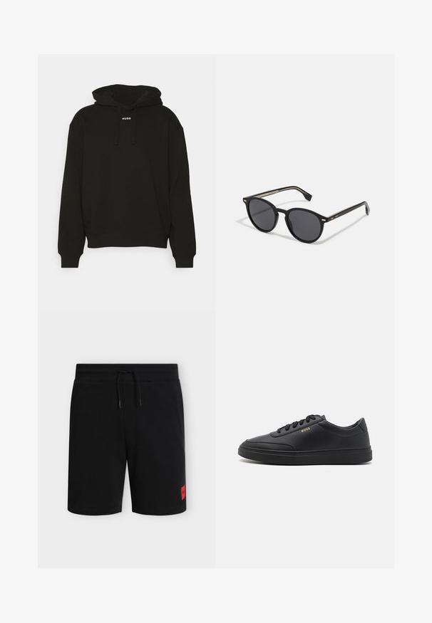 Schwarzer Hoodie aus weichem Material, mit Kapuze und gekürztem Design. "HUGO" Logo in Weiß auf der Vorderseite. Schlichter, minimalistischer Stil.; Schwarze knielange Shorts mit elastischem Bund und Kordelzug, mit einem kleinen roten rechteckigen Logo-Patch am unteren linken Bein.; Schwarze Leder-Sneaker mit glatter Textur, runder Zehenpartie, flacher Gummisohle und einfarbigen Schnürsenkeln. Mit goldfarbenem "BOSS" Logo an der Seite.; BOSS Sonnenbrille - black