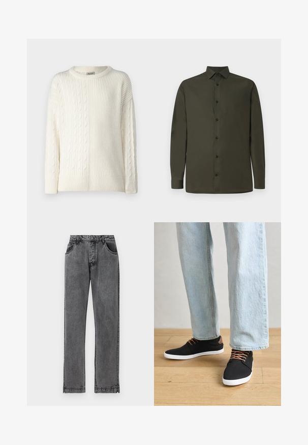 Denim Project DPMDPKNITTED COMBINED SWEATSHIRT - Strickpullover - off white; Dunkelgrünes Langarmhemd aus glattem Stoff, mit Kentkragen, knöpfbarer Vorderseite und schwarzen Knöpfen. Einfaches Design, keine Muster.; Schwarze Jeans aus Denim mit geradem Schnitt, ausgestattet mit fünf Taschen, einem Knopfverschluss und dezenten Stickdetails an den Nähten.; Schwarze Leinen-Sneaker mit braunen Akzenten, weißen Gummisohlen und braunen Schnürsenkeln, kombiniert mit hellblauen Straight-Leg-Jeans. Hintergrund mit Holzboden.