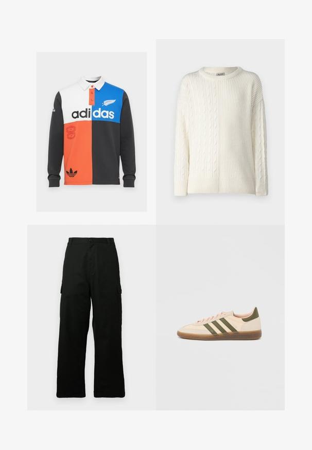 Denim Project DPMDPKNITTED COMBINED SWEATSHIRT - Striktrøje - off white; Farvet opdelt langærmet polo shirt i sort, hvid, orange og blå, med krave, knaplukning og fremtrædende Adidas branding.; Sorte cargobukser lavet af et holdbart stof, med vidt ben-design, flere sidelommer og en lige snit.; Beige Adidas Spezial sneaker med lav profil, grønne striber, gummisål og "SPEZIAL"-branding på siden, vist fra ydersiden.