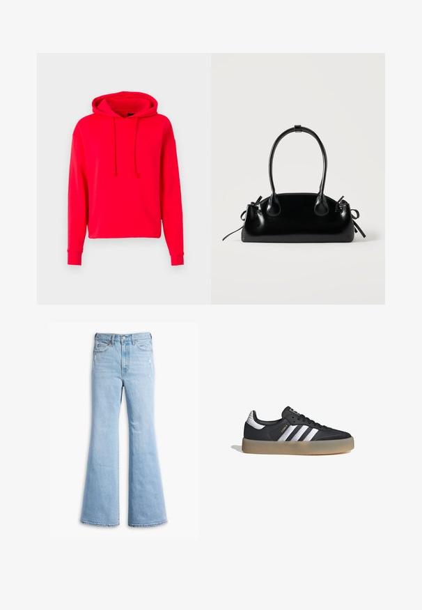 Sudadera roja con capucha, de manga larga y corte relajado. Fabricada en tejido suave, cuenta con un bolsillo tipo canguro y capucha ajustable con cordón.; Jeans de mezclilla de corte acampanado en azul claro, con cintura alta, un ligero desvanecimiento, detalles desgastados y diseño estándar de cinco bolsillos.; Zapatilla deportiva de cuero negro con tres rayas plateadas, punta texturizada y suela de goma. Cuenta con un collar acolchado y un diseño con cordones.; Pequeño bolso negro brillante con dos asas largas y detalles de cordón lateral sobre un fondo claro liso.