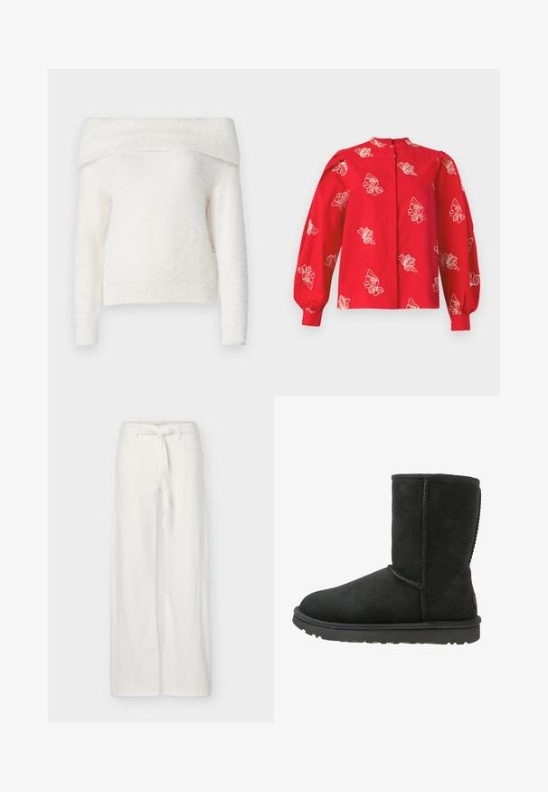 Noisy May NMHEIDI OFF SHOULDER - Striktrøje - eggnog; Rød langærmet bluse med mandarin-krave, prydet med hvid blomsterbroderi og elastiske manchetter. Blødt bomuldsstof med en tekstureret overflade.; Hvide bukser med brede ben, frontlommer og et stofbælte bundet i taljen, vist på en ensfarvet baggrund.; Sorte suede ankelstøvler med rund tå, stikninger og flad gummisål. Har et enkelt design uden udsmykninger.