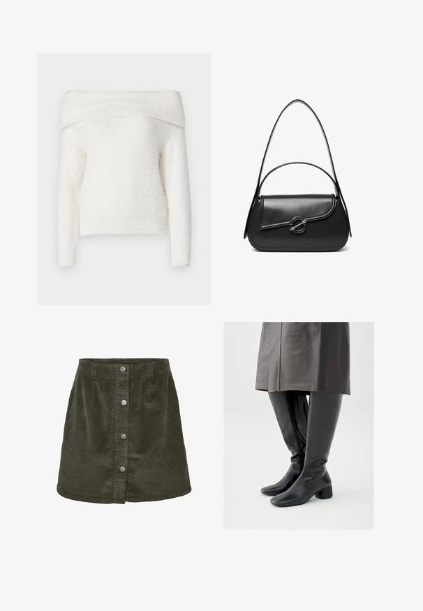 Noisy May NMHEIDI OFF SHOULDER - Jersey de punto - eggnog; Falda mini de pana en verde oscuro con forma de línea A, que cuenta con cinco cierres de botones plateados en la parte delantera y textura acanalada vertical.; Botas negras de cuero hasta la rodilla con punta cuadrada, tacón de bloque inclinado y cremallera lateral; textura lisa y diseño ajustado.; Bolso de hombro de cuero negro con una solapa curva asegurada por un broche metálico redondo y una correa delgada y ajustable.