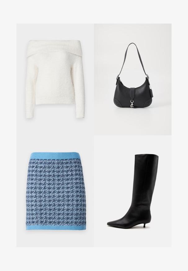 Noisy May NMHEIDI OFF SHOULDER - Trui - eggnog; Gebreide rok met een geometrisch patroon in tinten blauw, voorzien van een geribde lichtblauwe tailleband en een gestructureerde stofafwerking.; Zwarte leren kniehoge laars met puntige neus en lage kittenhak tegen een effen lichte achtergrond.; Zwarte leren handtas met een gebogen vorm, bovenhandvat, zilveren hardware en contrasterende stiksels. Bevat een voorstrap en stikselaccenten.
