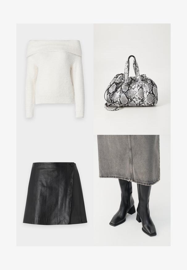 Noisy May NMHEIDI OFF SHOULDER - Striktrøje - eggnog; Sort faux læder mini nederdel med omslag foran, der er sikret med en knap på højre side, glat struktur og let glans.; Sorte knæhøje støvler i glat læder med firkantet tå og blokeret hæl. Båret med en grå denimnederdel med flosset kant.; Håndtaske med sort og hvid slidmønster, to håndtag, snøre lukning og aftagelig skulderrem. Glat tekstur.