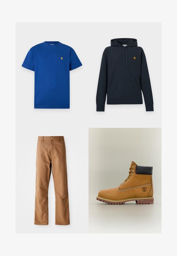 Marineblauwe hoodie gemaakt van een katoenmengsel, met een kangaroozak, trekkoordkap en een klein geel-rood logo op de borst.; Blauwe katoenen t-shirt met een ronde hals, korte mouwen en een klein gouden logo op de borst. Gladde structuur en een casual pasvorm.; Bruine rechte broek met riemlussen, voorkant zakken, knoopsluiting en rits op een witte achtergrond.; Bruine leren enkellaars met zwarte kraag, gele veters en een zandkleurige zool. Voorzien van een logo en witte stikseldetails. Robuuste loopzool met grip.
