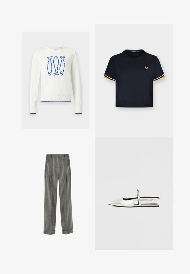 Hvid crewneck-trøje med tre blå pixelerede fiskedesign på brystet og blå kant ved manchetter og kant.; Sort cropped t-shirt med rund halsudskæring, beige og hvid stribe på korte ærmer, og lille beige laurblogo på venstre bryst.; Grå skræddersyede bukser med hvide lodrette striber, plisseret front, manchetter, bæltesløjfer og knaplukning i taljen.; Sølvmetallic slingback-sko med spids tå, udskæringsdetaljer, en slank ankelrem og en flad sål. Glat tekstur, minimalistisk design.